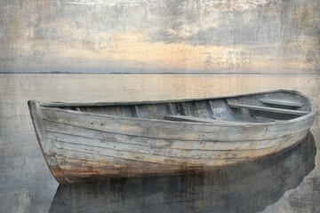 Fototapeta premium A weathered rowboat rests serenely on calm waters under a soft, textured, pastel-colored sky.