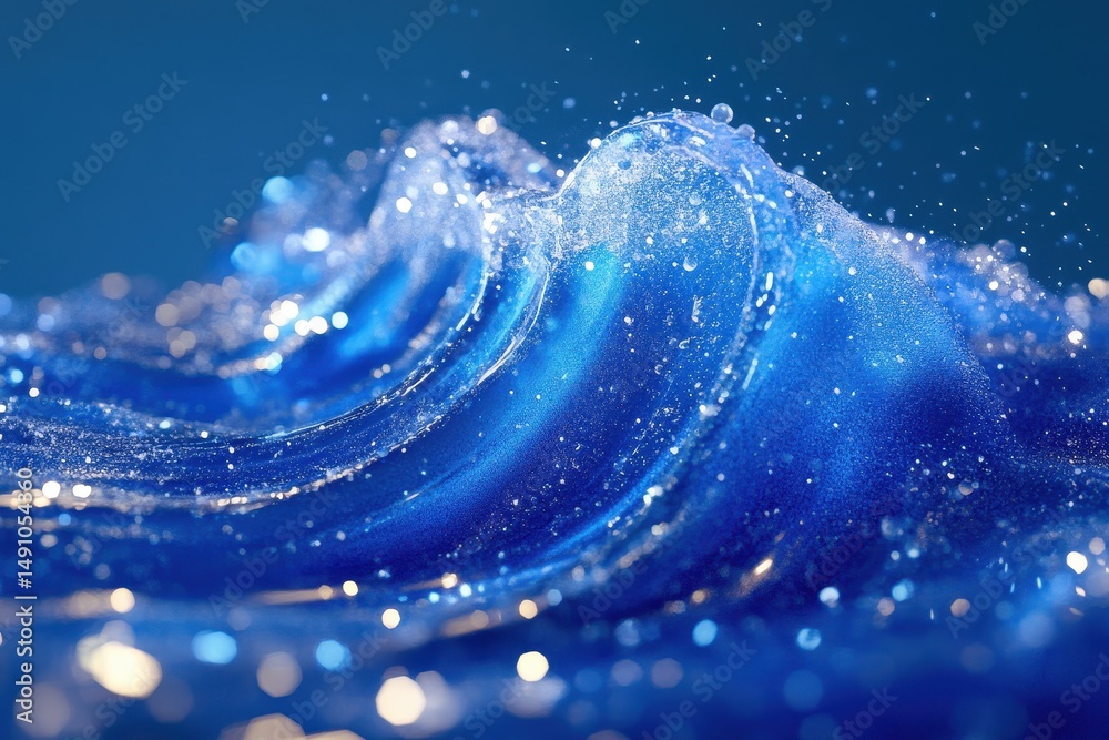 Poster holographic blue wave fluid effect with shimmering particles and dynamic movement, hologram blue bac