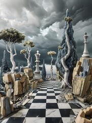 Chessboard path amidst ruined landscape, stormy sky