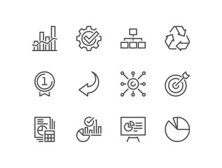 Set of business strategy success related icons, growth and planning symbols, target achievement, financial progress, leadership vision, teamwork and performance metrics and linear variety vectors.