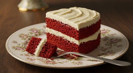 Delicious Red Velvet Cake: A close-up shot of a delectable slice of red velvet cake with creamy frosting, presented elegantly on a vintage plate, inviting indulgence and delight.