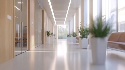 Fototapeta premium Modern Minimalist Office Corridor Design Bright Sunlight Plants calm wood room area clean space 