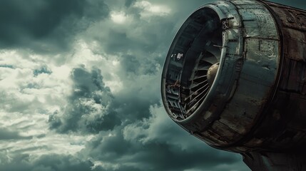 Rusted aircraft engine against a stormy sky.