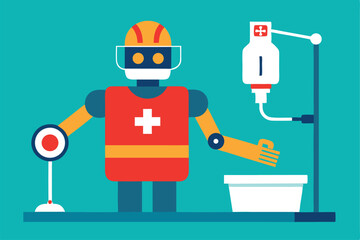 Fototapeta premium 3d rendered medical robot, futuristic hospital equipment, red and white color scheme, standing next to examination table, holographic display, minimalist style, flat design, vibrant teal background 