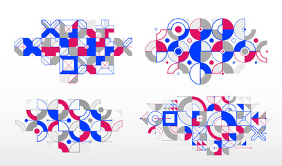 Abstract geometric design composition set, vector art wallpaper or background, geometry rectangular and circles graphics, stylish pattern collection.