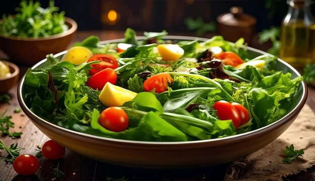 Fresh Green Salad with Cherry Tomatoes Lemon and Broccoli Healthy Eating Concept