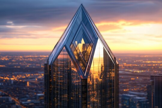 A modern glass skyscraper with a pyramidal peak rises above a glowing cityscape at sunset, reflecting the warm colors of the sky. - Powered by Adobe