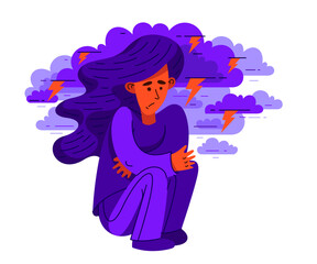 Young woman having a psychological problem of stress or anxiety, vector illustration of stressed girl having mental disorder or tired, headache flat style drawing.