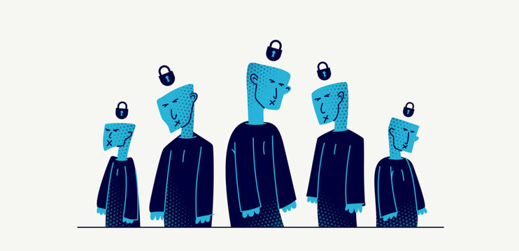 Social zombies vector concept, matrix and mind control, psychological dictatorship and totalitarian society and state, tyranny and restrictions, killing individuality.