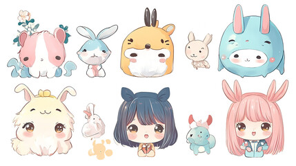 Obraz premium A whimsical collection of cute bunny characters and anime girls evoking joy and innocence on transparent background