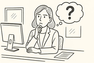 a business woman thinking at her desk, Simple line hand painted style