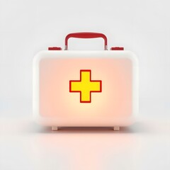 Obraz premium A sleek, modern white first aid box with a red cross symbol centered on a seamless white background, with soft shadows. 