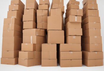 Neat stack of brown cardboard boxes on white background , waste, brown