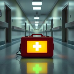 First aid kit glowing on a hospital corridor floor in emergency lighting