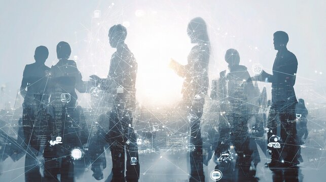 Silhouettes of People with Social Network Concept Overlaid in Office
