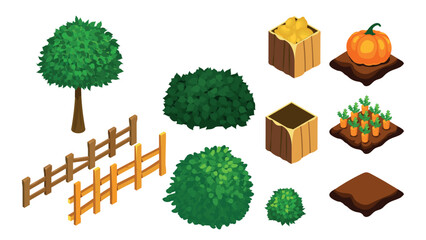Set of vector isometric stickers dedicated to carefree summer on the farm. Each sticker is isolated from the background.