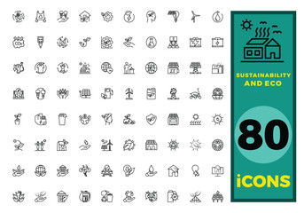 80 of Sustainability and ECO icon collection, with editable stroke. 80 of Sustainability and ECO thin line icon set. Vector illustration.