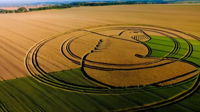 Aerial view of crop circle with bird symbol in wheat and green field, farmland pattern mystery, rural landscape, golden hour, clear blue sky