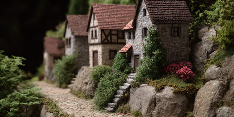 Three miniature stone houses with red rooftops are nestled among greenery beside a cobblestone path. Miniature, village, architecture