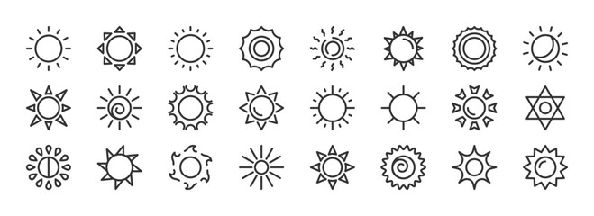 Sun black icon set. Sunshine, sunlight, sunburst sign, symbol collection. Summer weather. Vector illustration. isolated on a white background. Editable stroke.
