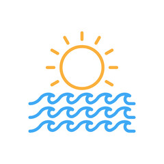 Sun and waves yellow and blue icon. Sunrise, sunset, sunshine, sunlight, sunburst symbol. Line sign. Summer weather. A design element. Isolated on a white background. Editable stroke.