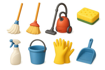 Cleaning tools 3d icons set - household, sanitation and hygiene essentials
