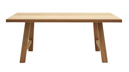 Simple, light-colored wooden dining table, isolated on white background.