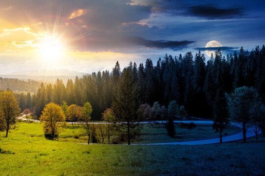 day and night time change concept. road winding through forest in mountain landscape. nature scenery on autumn equinox. cloudy sky with sun and moon