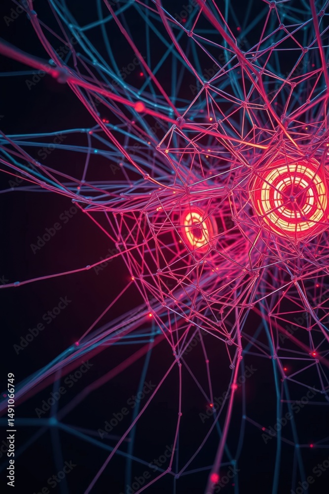 Poster exploring the intricate web of neural connections illuminated in vibrant colors at dusk