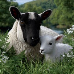 Obraz premium Black and white sheep, lamb, nestled in grassy field by river