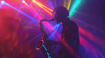 Silhouette of musician playing saxophone in colorful stage lighting and smoke filled atmosphere at concert