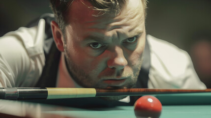 Man focusing intently on a red ball on a pool table with a cue stick aiming for the shot carefully