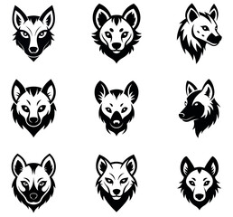 Set of stylized black and white African wild dog head logos.
