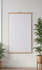 White wall, wooden clips hold stylish poster mockup in bright interior , wood, decor