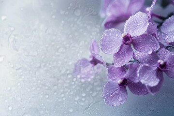 A delicate arrangement of purple orchids glistens with tiny water droplets, creating a refreshing and elegant floral display. © Roshani