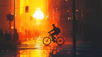 Urban cycling: A silhouette in the golden city's twilight atmosphere