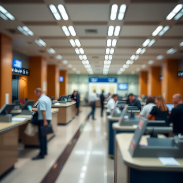 Bank Lobby Blur: A blurred bank lobby with customers and teller counters, great for banking and financial services themes.