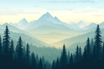 Obraz premium Illustration of a misty mountain range with evergreen trees in the foreground and soft lighting