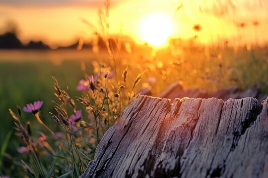 Golden sunset illuminates a field with wildflowers and grasses, with a weathered tree stump in the foreground.
