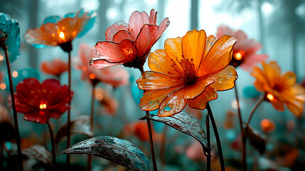 Abstract Colorful Glass Flowers with Translucent Petals on Sculpted Metal Stems Against Blurry Flower Field Background