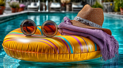  Colorful inflatable ring with sunglasses, towel, and sun hat floating at outdoor pool edge in bright summer sunlight. A vibrant inflatable ring floats at the edge of an outdoor pool alongside sunglas