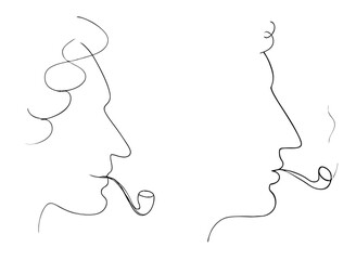 Smoking Male Profiles Outline for Vintage Posters, Retro-Themed Illustrations and Artistic Design &ndash; one line illustration, continuous line art, single line sketch
