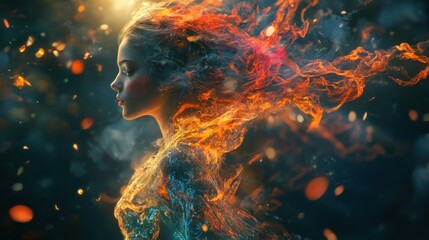 Ethereal portrait of a woman engulfed in fiery energy and celestial embers