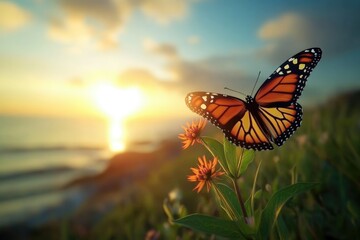 Obraz premium Monarch butterfly rests on vibrant orange flower with beautiful sunset ocean background, creating a stunning contrast.