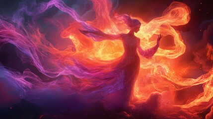 Fototapeta premium Ethereal figure amidst swirling nebulous forms, captivating celestial presence