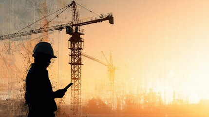 Silhouette of Crane Operator Against City Skyline at Sunset
