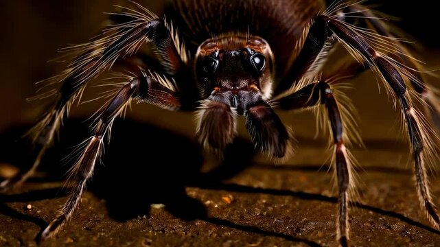 Detailed close-up of hairy spider crawling on a textured surface in dim lighting, emphasizing legs and eyes.