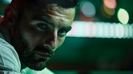 Close up of a man with a beard looking intensely at the camera with blurred lights in the background