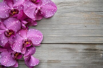 Fototapeta premium Purple orchids adorned with dewdrops are gracefully arranged on a rustic gray wooden surface, creating a natural, elegant display.