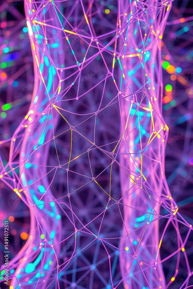 Aufkleber exploring a vibrant network of interconnected nodes and colorful strands in a captivating digital un